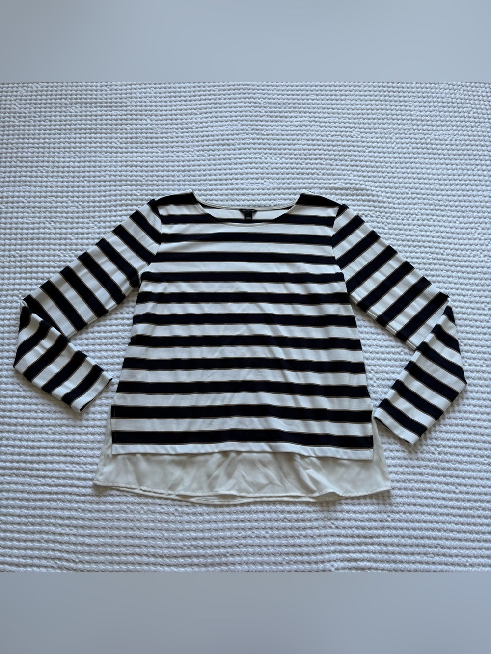 Ann Taylor Striped Mixed Media Knit Top Chiffon Hem Navy Cream - Size S